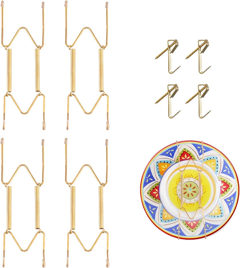 Litray 4 Pieces Plate Hangers for The Wall Suitable for 6-8 Inch Decorative Plate adjustable and stretchable,with Metal Hooks for Wall Displaying Plates Decorative & Arts(Gold) - Image 1